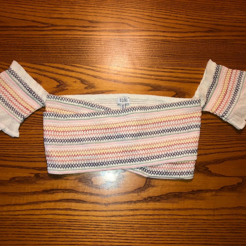 Tobi Colorful Stripes Ruched Strapless Crop Top